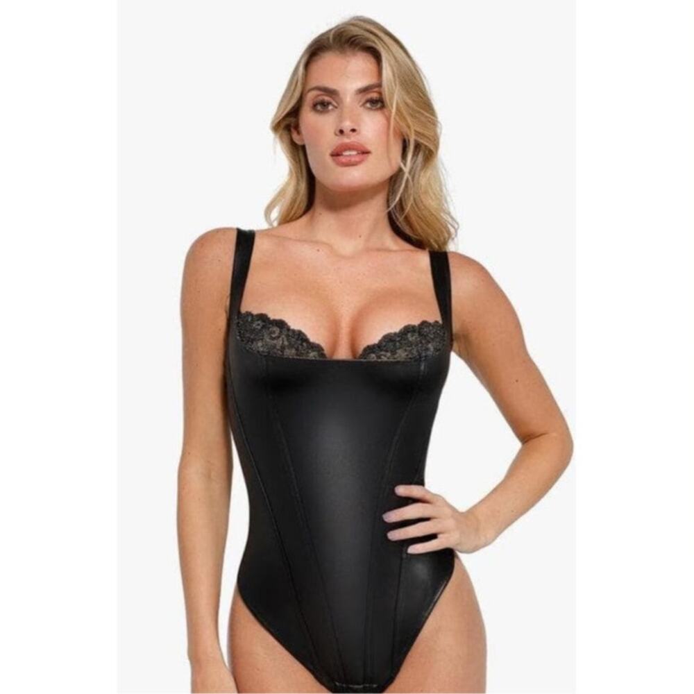 Popilush Faux Leather‎ Lace Balconette Bodysuit Sculpting Shapewear Size M